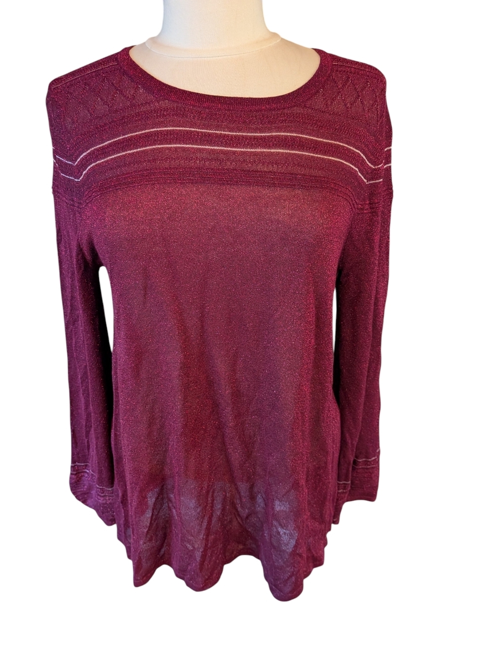 Liz Claiborne Burgundy Metallic Sheer Long sleeve Lightweight Sweater Size L NWT